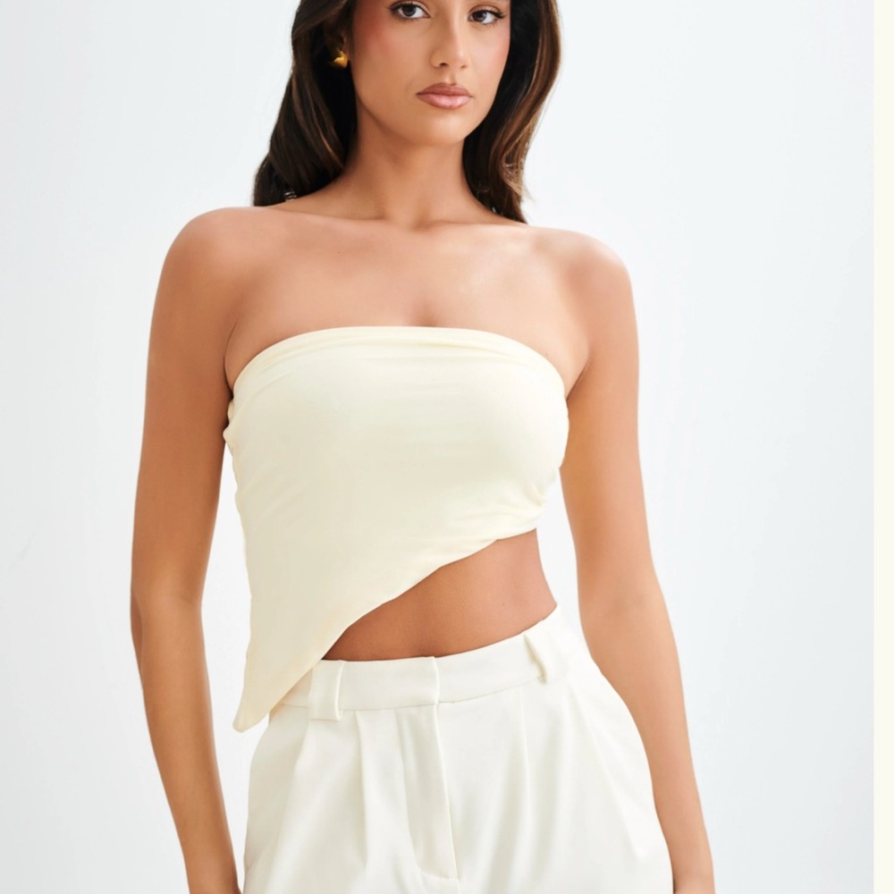 Meshki Cream Asymmetric Strapless Crop Top
